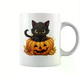 1pc Adorable Halloween Black Kitten & Pumpkin Ceramic Coffee Mug - Insulated, Reusable, Hand-Wash Only | Perfect