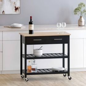 Modern  Kitchen Island Cart with Wood Top 2 Drawers and 2 Bottom Shelves (Color: Black)