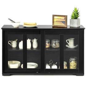 Black Wood Buffet Kitchen Dining Sideboard Storage Cabinet w/ Glass Sliding Door (Color: Black)