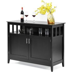Black Wood 2-Door Dining Buffet Sideboard Cabinet with Open Storage Shelf (Color: Black)