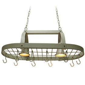 Rustic 2 Light 10 Hook Ceiling Mounted Hanging Pot Rack (Color: Slate Grey)