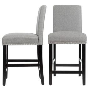 Set of 2 Modern Kitchen Dining Barstools w/ Black Wood Legs and Grey Linen Seat (Color: Grey)