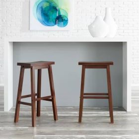 Set of 2 Farmhouse Bar Height Saddle Seat Barstools in  Wood Finish (Color: Brown Walnut)