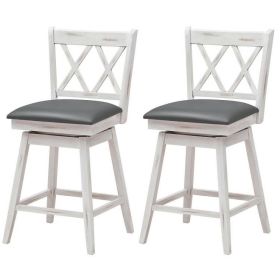 Set of 2 White Wood 24-in Counter Height Farmhouse Swivel Cushion Seat Barstools (Color: White)
