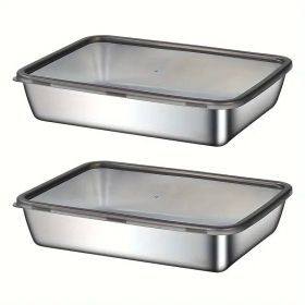 Extra-thick And Deepened Stainless Steel Square Plate Flat-bottomed Lunch Box, Food Storage Container, Fresh-keeping Box, Salad Making Cutlery - Leak- (Option: 2pcs)